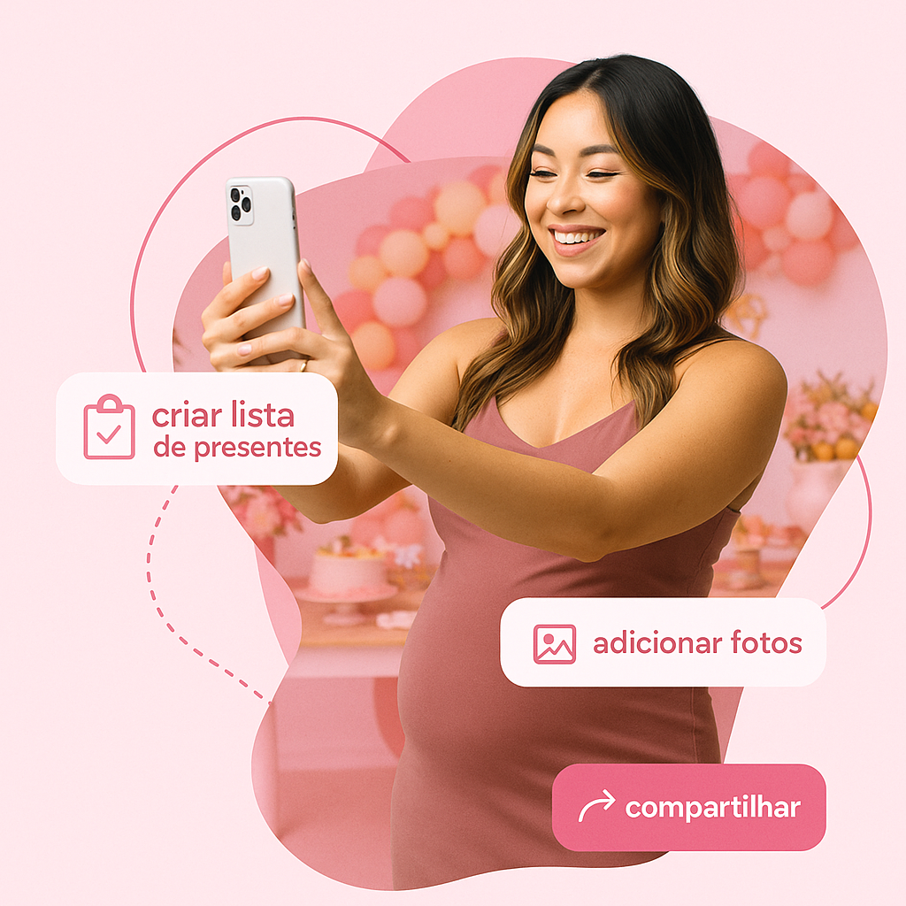 Mulher sorrindo criando lista de chá de bebê no celular